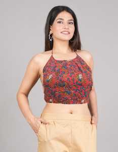 Blusa floral de algodón color granate, sin mangas, estilo sin espalda, cuello redondo, talla única, cómoda para uso diario natural y sencillo. - Product Image 1