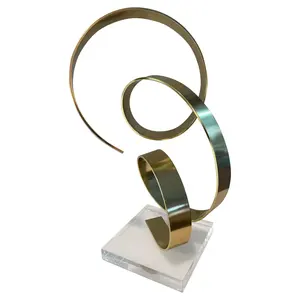 Modern Aluminium Abstract Gold Metal Ribbon Sculpture with Clear Acrylic Lucite Base Decorative <b>Home</b> Office Art Piece - Product Image 1