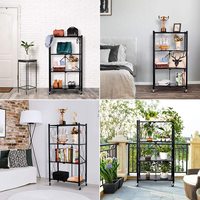 5-laags opvouwbare milieuvriendelijke opbergrekken van carbonstaal en hout, met precisie gemaakte wielen, zwart, voor de woonkamer