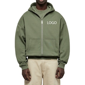 Sudadera con capucha de algodón polar verde oliva con cremallera, 500 GSM, para hombre, corte holgado y oversize, hombros caídos, logotipo personalizado, estilo urbano, venta al por mayor de fábrica - Product Image 1