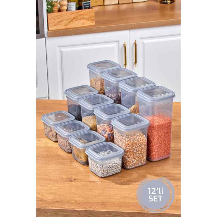 Set of 12 Leakproof Square Storage Containers with Lids Gray 4X ( 0.6L - 1.25L - 1.9L )