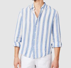 Chemise décontractée homme en lin bleu à manches longues, col rabattu, teinte unie, anti-rétrécissement, séchage rapide, durable, 100g – Collection Été 2026 - Product Image 1