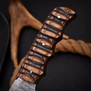 Custom Handmade Damascus Steel Hunting Skinner <b>Knife</b> Brown Wood Handle and Natural Leather <b>Sheath</b> OEM Supported - Product Image 3