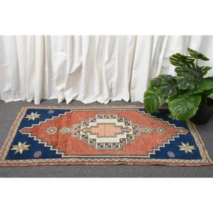 Alfombra de lana turca hecha a mano Vintage de 2x3,9 pies, clásica, área grande, rectangular, rojo, azul, Patchwork, patrón de pasillo abstracto, látex - Product Image 2