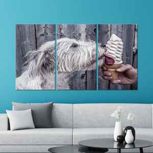 Arte impreso en lienzo de perro comiendo helado - Decoración minimalista con animales, JUEGO DE 3 LIEÑOS - Product Image 1