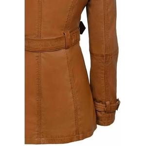 Femmes en peau d'agneau 100% cuir Long Trench Coat Double boutonnage Tan ceinture pardessus veste mode femme en cuir Trench Coat - Product Image 4