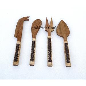Cubiertos de Acacia, juego de cuchillos para queso, mango de bambú, último diseño, cubiertos de madera, cuchillo, tenedor, esparcidor, herramientas para queso de ratán tejidas a mano - Product Image 3