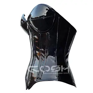 COSH CORSET Overbust Steelboned Corset en PVC noir de haute qualité avec fermeture à glissière avant réglable à la mode et haut de corset de fête