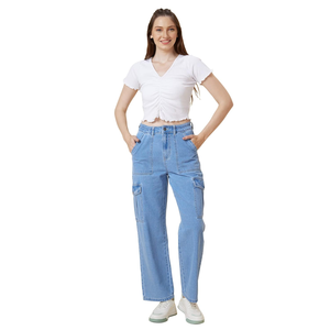 Pantalon cargo formel droit taille mi-haute en denim pour femmes grande taille, en maille foncée, 100% coton, design personnalisé - Product Image 3