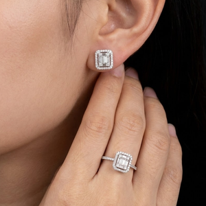 Boucles d'oreilles clous halo en diamants naturels taille baguette, or blanc massif 18 carats, cadeau de mariage pour femme - Product Image 4