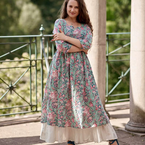 Nouveau Kamalani bohème robe main bloc imprimé coton blanc vert Rose Floral pur coton fait à la main éthique mode - Product Image 1