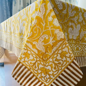 Saffron Yellow and Deep Pruce Indian Floral Handmade Block Printed Cotton <b>Tablecloth</b> Rectangle for Wedding and Dining - Product Image 1