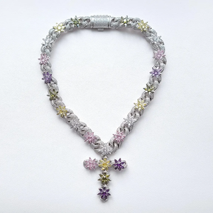 Infinity Link Cruz collar flor encantos cadena personalizada 12MM de ancho VVS1 claridad diamante plata esterlina rodio plateado Hip Hop - Product Image 1