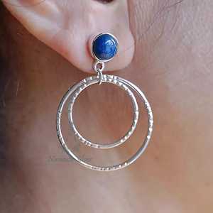 Boucles d'oreilles pendantes à double anneau en argent sterling 925, faites à la main, avec lapis-lazuli, pierre précieuse bleue naturelle unique, pour cadeau - Product Image 6