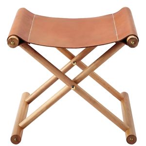 Taburete Plegable de Cuero Artesanal con Estructura de Madera Sólida, Diseño Contemporáneo, Asiento Compacto para Hogar, Sala de Estar, Dormitorio, Hotel - Product Image 2