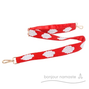 Red Beaded Luxury Cotton Poplin & Satin <b>Bag</b> <b>Strap</b> with White Clouds | Boho Chic Purse <b>Strap</b> | Custom Cloud Pattern <b>for</b> Women - Product Image 4