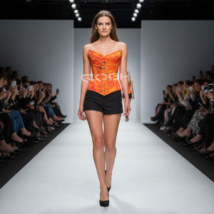 Corset bustier surbuste pour femme, fait main, à imprimé abstrait orange, style vintage, à armatures, avec fermeture à busk avant - Product Image 3