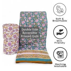 Premium ligero 60x90 pulgadas Jaipuri edredón pigmento impreso funda de cama individual verde azulado Lila Floral algodón 300TC todas las estaciones - Product Image 5