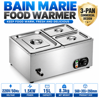 Bain-marie électrique commercial en acier inoxydable 220V 1500W, trois bacs, grande capacité 15L pour hôtels et restaurants