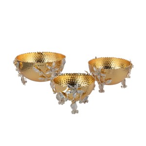 Most Beautiful Fancy Look Silver Shiny Polished Metal <b>Bowl</b> <b>With</b> Gold Plated Leaves Designer Base & Hammered Texture Top <b>Lid</b> - Product Image 2