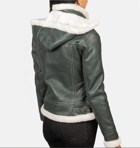 Women's Hooded Leather Jacket With Faux <b>Fur</b> Lining Winter Moto Style Slim Fit Belt Closure <b>Green</b> - Product Image 2