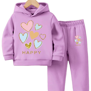 Otoño/Invierno nuevo conjunto de Sudadera con capucha y pantalones de chándal con Forro cálido y estampado de niña cálida informal y cómoda - Product Image 1