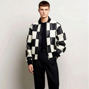 Blouson aviateur en cuir à carreaux noir et blanc |   Veste de mode de rue unique - Product Image 2