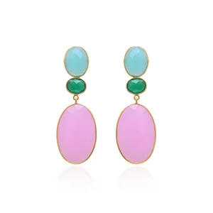 Dainty 925 Sterling Bạc Tuyên Bố Bông Tai Đồ Trang Sức Aqua Chalcedony Màu Xanh Lá Cây Onyx Màu Hồng Rose Đá Hợp Thời Trang Bông Tai Cho Phụ Nữ Hàng Ngày