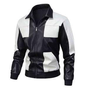 Personalizable hombres Vintage geométrico chaqueta de cuero genuino diseño de bloque impermeable cierre de cremallera liso teñido frente de lona - Product Image 1