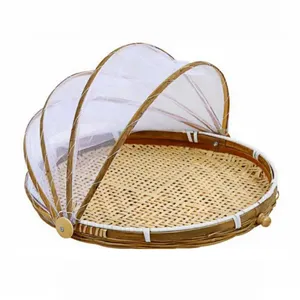 Бамбуковая корзина для фруктов с сетчатым покрытием Бамбуковая корзина для палаток для сервировки еды на открытом воздухе сетка для пикника крышка