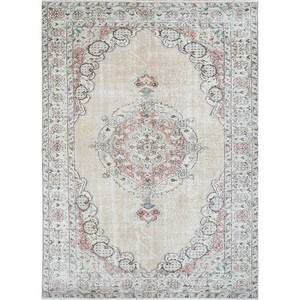 Tapis en laine noué à la main beige-brun vintage pour la maison - Idéal pour salon, couloir, entrée, chambre d'adolescent - Motif médaillon rectangulaire en puzzle - Product Image 1