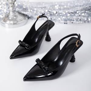 Zapatos de Tacón Alto con Punta en Pico y Tira Trasera en Charol Negro 2025, con Lazo Decorativo y Tacón Esculpido, para Oficina, Fiestas y Vestidos - Product Image 6