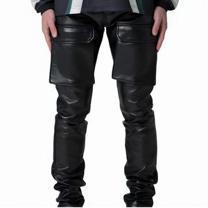 Pantalon en cuir et toile pour homme, taille mi-haute, coupe ajustée, jambe large, style streetwear, vente en gros, fabricant - Product Image 1