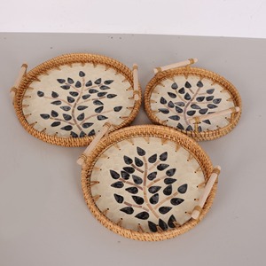 Handmade Rattan and Mother Of Pearl Serving <b>Tray</b> Natural Woven Decorative <b>Tray</b> Set for Kitchen <b>Table</b> or Gift Home Accessories - Product Image 2