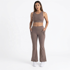 High Waist Flared Leg <b>Yoga</b> <b>Pants</b> With Pockets Solid Color Full Length Elastic Waist Spandex Polyester Four-Way Stretch - Product Image 2