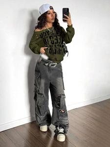 Sudadera Marrón para Mujer, Estilo Jacquard Lavado Ácido, Manga con Tachuelas, Estampado Grunge, Oversize, Felpa de Algodón, Estilo Urbano - Product Image 4