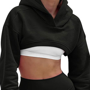 Long Sleeve Cropped Women's Custom Solid Pullover <b>Crop</b> <b>Top</b> Hoodie Breathable Polyester Cotton Fleece Short Length Winter - Product Image 2