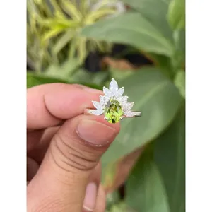 925 Silver Natural Peridot <b>Ring</b> with Oval Cut Gemstone Geometric Pattern Rhodium Plated Everyday Wear <b>Rings</b> - Product Image 1