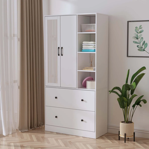 Armoire à 2 portes avec miroir, rangement avec tiroirs et étagères, armoire moderne blanche avec tringle à vêtements extensible et rangement - Product Image 2
