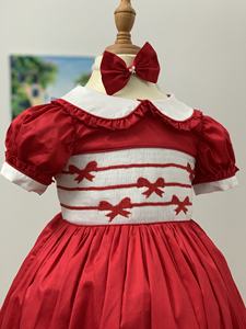 New Christmas Smocked <b>Dress</b> Red Silk Handmade Smocked OEM ODM Wholesale Smocked Pyjamas for <b>Toddler</b> <b>Girls</b> - Product Image 3