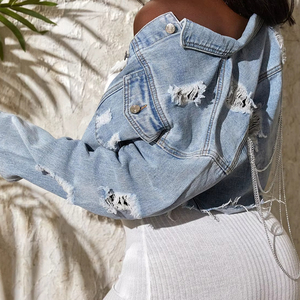 Chaqueta vaquera de manga larga para mujer, diseño desgastado, Color sólido, cierre de botón de Metal completo, moda básica informal para jóvenes - Product Image 4