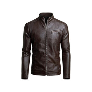 Veste en cuir décontractée à fermeture éclair de couleur unie pour hommes Vestes en cuir - Product Image 2