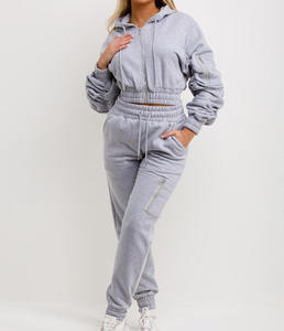 <b>Crop</b> Zipper Hoodie Sleeves and Matching Elasticated Drawstring High Waist <b>Joggers</b> with Pockets and Cuffed Hem. - Product Image 3