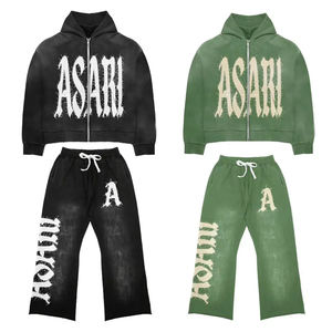 Chándal de lana de algodón 100% OEM para hombre con bordado desgastado logotipo personalizado con capucha y cremallera estilo de talla grande patrón sólido - Product Image 2