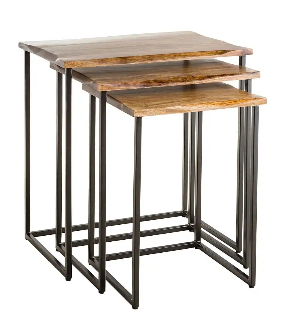 家庭用およびホテル用の茶色の色で利用可能な3つの高品質の天然シーシャム木材および鉄ベースの入れ子テーブルセット
