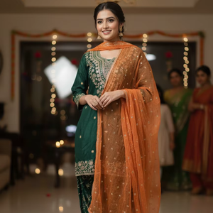 Traje Punjabi de Diseño con Bordado Georgette y Lentejuelas, Top, Dhoti y Dupatta, Verde, para Invierno y Verano, Protección Solar, Secado Rápido - Product Image 1