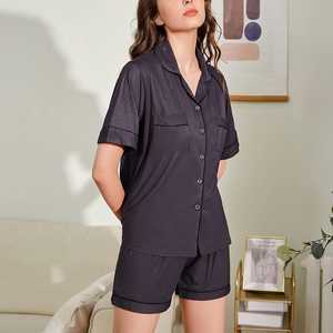 Women's Two-<b>Piece</b> Gray <b>Pajama</b> <b>Set</b> Classic Short Soft Sleepwear with Elastic Waist Buttoned Closure Breathable Nightly ODM Supply - Product Image 1