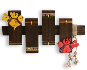 Birds On Planks <b>Warli</b> Hand-Painted Key Holder In Sheesham Wood 6 Hooks Mounted Mail Holder for Home Wall Door Key Chain Stand - Product Image 1