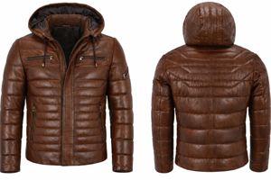 <b>Men's</b> <b>Brown</b> <b>Leather</b> Puffer <b>Jacket</b> with Hood Warm Quilted Winter Coat Zipper Front and Multiple Pockets - Product Image 5