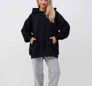 Sweat à capuche femme couleur unie coupe ample poche kangourou décontracté Streetwear brodé/imprimé coton Polyester polaire noir - Product Image 3